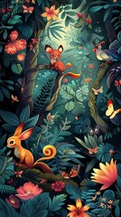 Seamless vector pattern of mythical creatures in a lush, enchanted forest