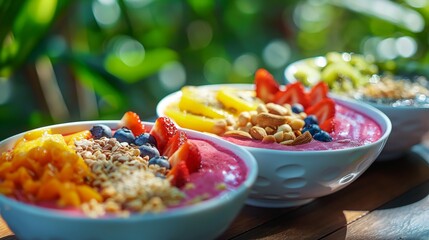 Healthy acai bowls topped with assorted fruits and nuts, Concept of nutritious breakfast, wellness,...