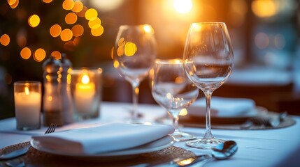Romantic dinner table setting with wine glasses under warm light, Concept of intimate dining, celebration, and fine cuisine