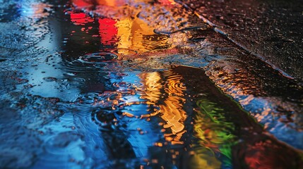 Abstract, puddle reflections, oil effect, urban colors, night, macro, glossy wet surface.  - obrazy, fototapety, plakaty