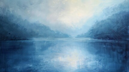 Oil paint, mist over lake, serene blues, dawn, panoramic, soft mist texture. 