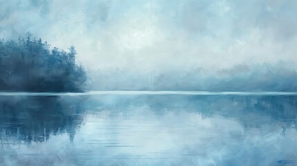 Obraz na płótnie Canvas Oil paint, mist over lake, serene blues, dawn, panoramic, soft mist texture. 