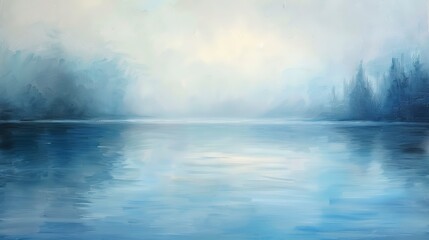 Fototapeta premium Oil paint, mist over lake, serene blues, dawn, panoramic, soft mist texture.