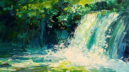 Abstract, rainforest waterfall, oil painting, vibrant greens, noon light, cascading water detail. 