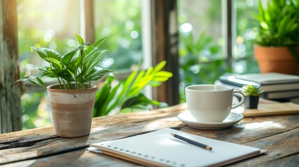 Peaceful workspace with coffee, notebook, and potted plant, concept of calm morning, productivity, and creative environment