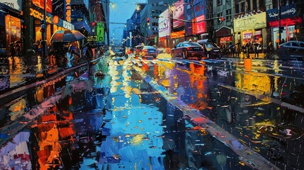 Obraz premium Oil painting, rainy city street, reflective pavement, evening, low angle, shimmering puddles.