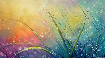 Abstract, dew on grass, oil effect, morning hues, sunrise, close focus, dewdrop sparkle.  - obrazy, fototapety, plakaty