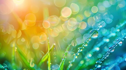 Abstract, dew on grass, oil effect, morning hues, sunrise, close focus, dewdrop sparkle.  - obrazy, fototapety, plakaty