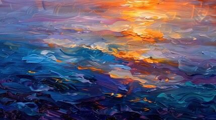 Fototapeta na wymiar Abstract oil painting, ocean sunset, warm palette, dusk light, aerial view, reflective shimmer. 