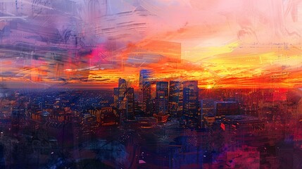 Abstract, city skyline at sunset, oil effect, urban colors, twilight, wide lens, skyline glow. 