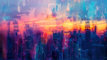 Abstract, city skyline at sunset, oil effect, urban colors, twilight, wide lens, skyline glow. 