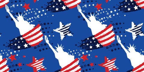 Abstract seamless pattern with statue of Liberty, stars, American flag. USA repeated backdrop. Independence day repeating wallpaper. © Kseniia Koval