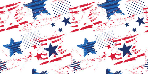 USA seamless pattern with American flag on white background. Grunge stars ornament. Fourth of July backgrounds, American posters, fabric and textile