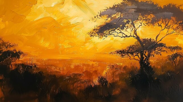 Oil painting, savanna sunrise, golden hues, dawn, panoramic, silhouette details. 