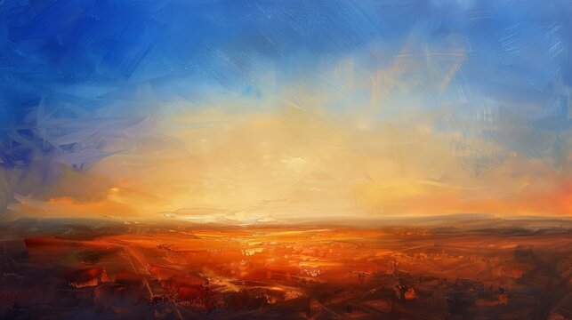 Oil paint, desert sunrise, cool blues to warm oranges, morning, wide view, soft gradient. 