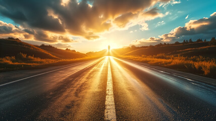 Silhouette of a person standing in the middle of an empty road at sunset. Dramatic sky and sun rays over rural landscape. Inspirational journey and life goals concept with copy space - obrazy, fototapety, plakaty