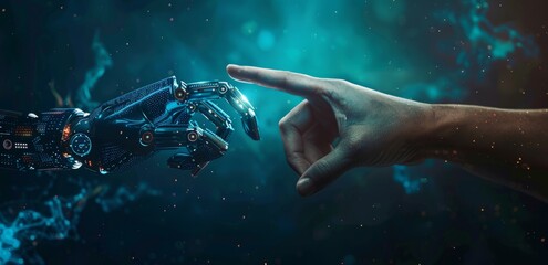 The direct contact between the robot arm and the skin arm of artificial intelligence technology, the future scene of scientific and technological elements - obrazy, fototapety, plakaty