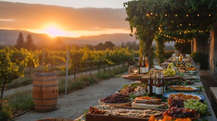 Sunset at a vineyard with a long table set for a feast among grapevines, Concept of gastronomy, viticulture, and outdoor dining