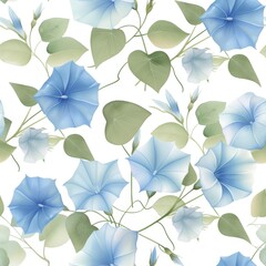 Fototapeta na wymiar Elegant Seamless Pattern with Blue Morning Glories and Green Leaves