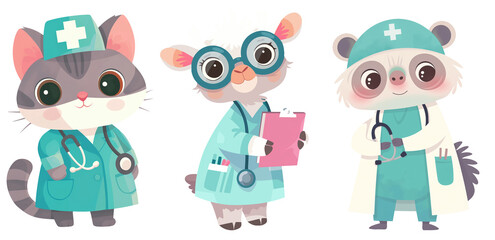 Fototapeta premium Set of cute stylized animal doctor in flat minimalistic style for interior print, board game, book illustration, sticker set. Transparent background. Elements for design. 