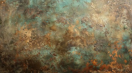 Abstract, aged bronze, oil effect, green and brown patina, morning, wide view, antique finish. 