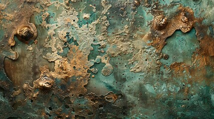 Abstract, aged bronze, oil effect, green and brown patina, morning, wide view, antique finish.