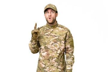 Military man over isolated chroma key background thinking an idea pointing the finger up