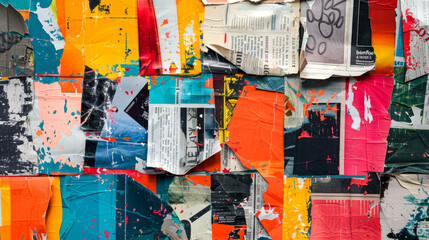 Vivid collage of torn papers and colorful paint splatters creating an abstract urban art piece.