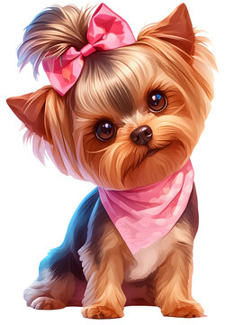 The yorkie dog with a pink bow. Isolated puppy Mascot on  transparent background for dog grooming and spa service design, kid's book and game illustration.