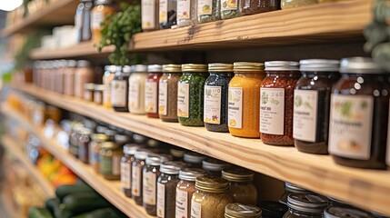 Organic food jars on store shelves, concept of sustainable shopping and natural ingredients