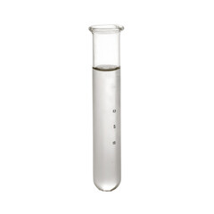 Clear glass test tube partially filled with liquid on white background, png, scientific and medical research themes.