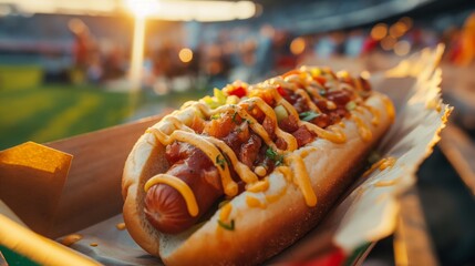 Gourmet hot dog at a sports event, concept of traditional game day food and outdoor enjoyment