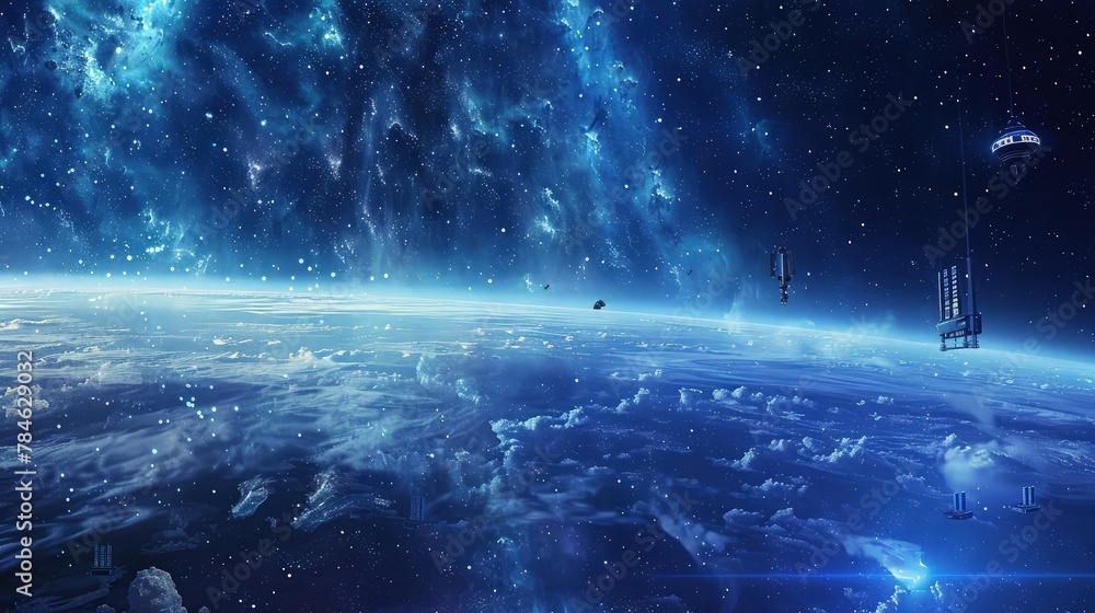Poster an abstract shiny starry background with an array of twinkling stars scattered across a deep blue ba