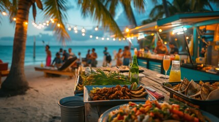Tropical beach food stand with festive lights offering Caribbean cuisine, Concept of vacation, gastronomy, and beachside dining