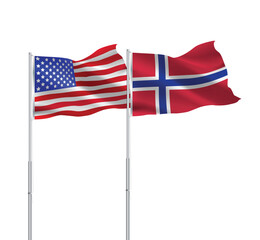American and Norway flags together.USA,Norway flags on pole