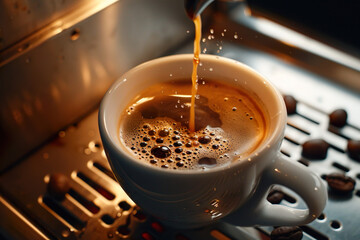 Freshly Brewed Espresso in a Cup - obrazy, fototapety, plakaty