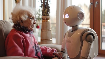 An elderly Caucasian woman enjoying a moment with a humanoid robot indoors