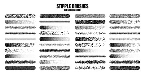 Stipple scatter brush, ink drawing and texturing. Fading gradient. Stippling, dotwork drawing, shading using dots. Halftone disintegration effect. White noise grainy texture. Vector illustration - obrazy, fototapety, plakaty