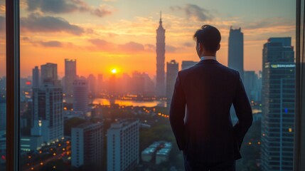 Businessman gazing over a cityscape at sunset, reflecting on urban life and career ambitions - Concept of business, aspiration, and metropolitan lifestyle.
