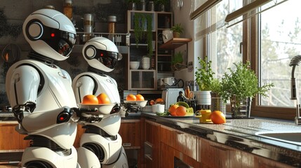 Pair of robots in a rustic kitchen handling fruit, showcasing teamwork and smart home technology