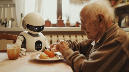 Elderly man eating at home with a robot companion sitting across the table