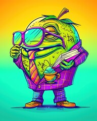 Obraz premium A cheerful apple in a tiny tweed jacket holds a book, its glasses perched on top, seen in scholarly closeup
