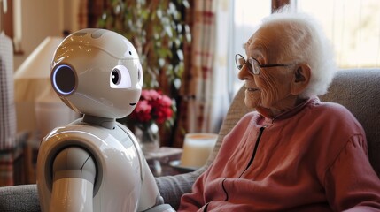 Elderly Caucasian woman shares a warm moment with a care robot in a cozy room