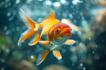 A close up view of a vibrant goldfish swimming gracefully in a beautifully decorated aquarium with colorful plants and rocks. - Powered by Adobe