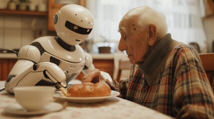 Elderly man with robot sharing a meal, highlighting companionship and assistance in daily life