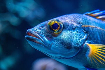 A mesmerizing close-up of a vibrant blue fish gracefully swimming in an aquarium, showing off its shimmering scales and elegant movements.