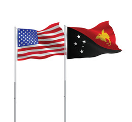American and Papua New Guinea flags together.USA,Papua New Guinea flags on pole