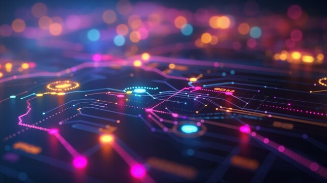 Abstract visualization of digital network and data flow on a circuit board, Concept of technology, innovation, and connectivity