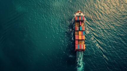 An aerial view of a cargo ship navigating through the open sea, its deck lined with colorful containers bound for distant shores.