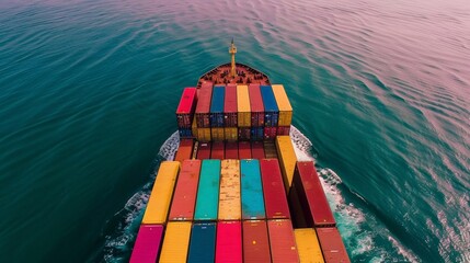 An aerial view of a cargo ship navigating through the open sea, its deck lined with colorful containers bound for distant shores.